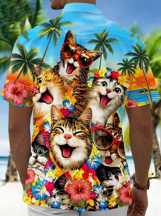 Adaychic Men's Hawaiian Floral Cat Tropical Print Short Sleeve Button Down Shirt with Chest Pocket
