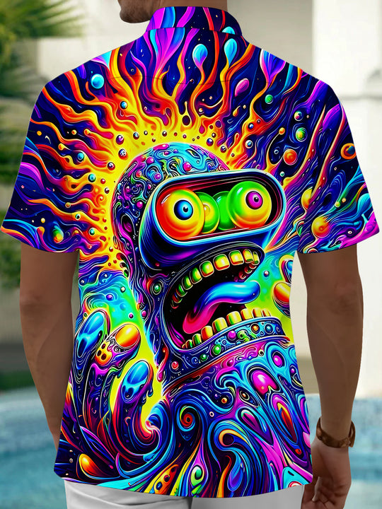 Adaychic Men's Graphic Abstract Psychedelic Monster Face Print Short Sleeve Button Down Shirt with Chest Pocket