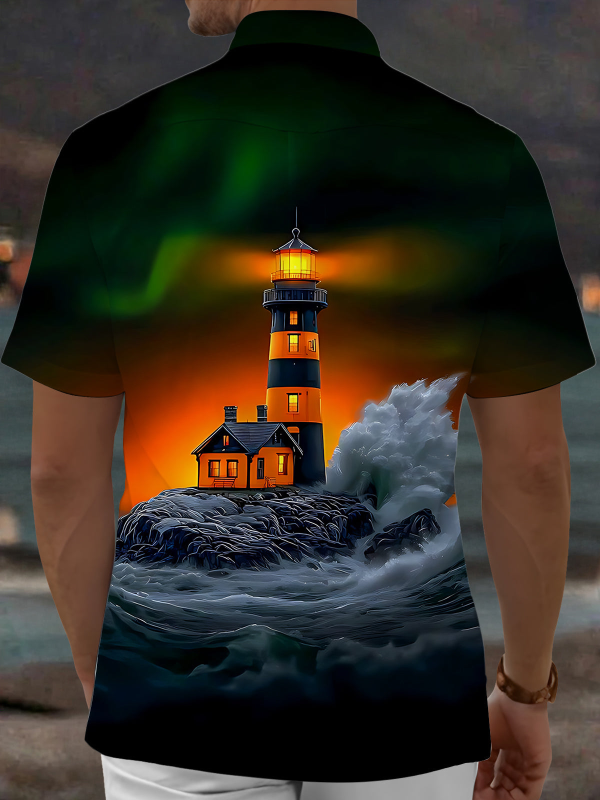 Adaychic Men's Graphic Lighthouse Sunset Print Short Sleeve Shirt with Chest Pocket