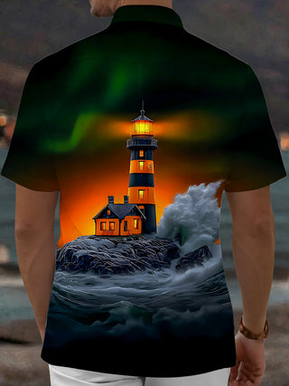 Adaychic Men's Graphic Lighthouse Sunset Print Short Sleeve Shirt with Chest Pocket