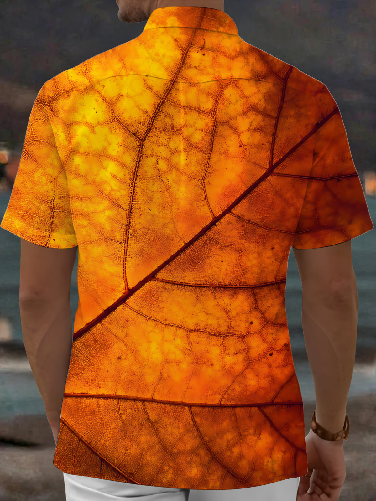 Adaychic Men's Printed Autumn Leaf Print Leaf Vein Pattern Short Sleeve Shirt with Chest Pocket