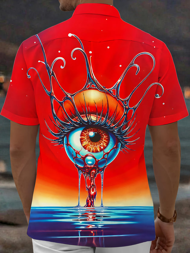 Adaychic Men's Graphic Giant Eye Print Ocean Sunset Print Short Sleeve Shirt with Chest Pocket