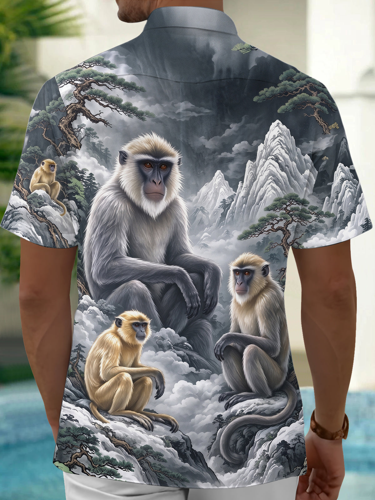 Adaychic Men's Hawaiian Monkeys In Mountain Landscape Print Short Sleeve Shirt with Chest Pocket