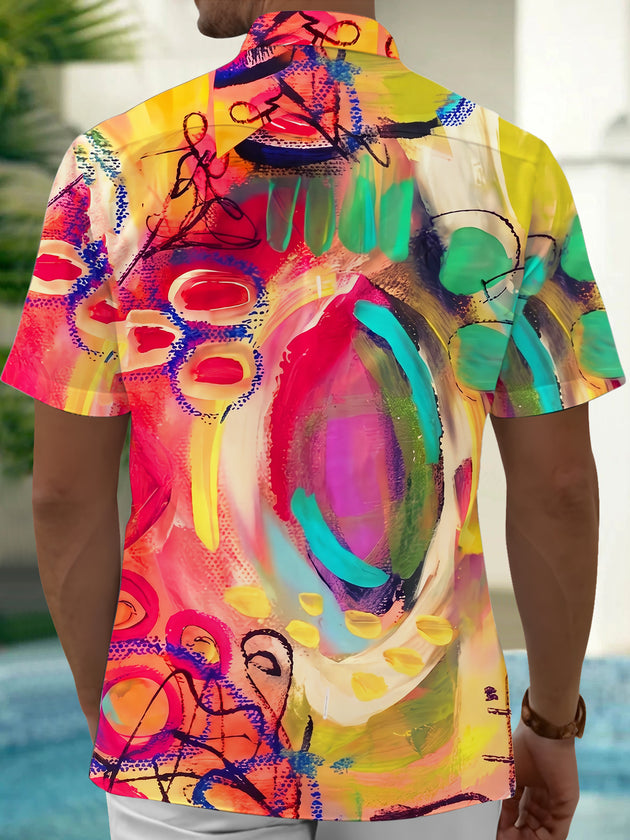 Adaychic Men's Graphic Abstract Colorful Paint Print Short Sleeve Button Down Shirt with Chest Pocket