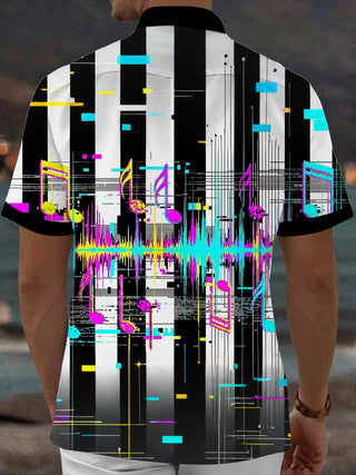 Adaychic Men's Musical Notes And Sound Waveform Print Short Sleeve Shirt with Chest Pocket