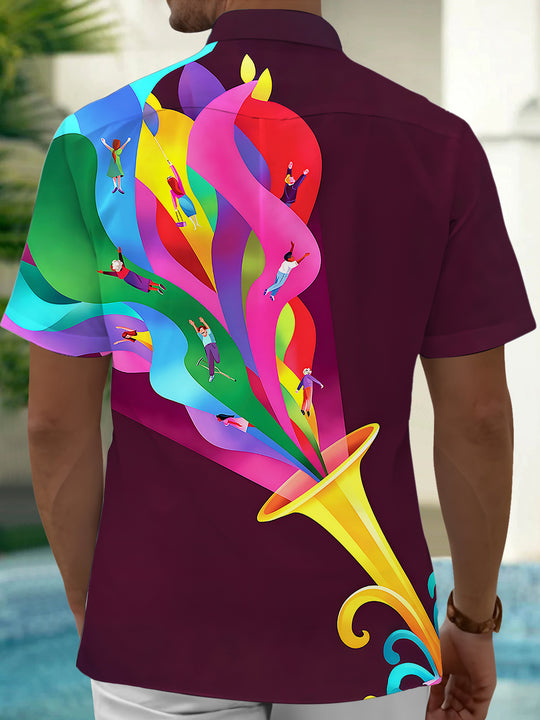 Adaychic Men's Trumpet With Colorful Abstract Waves Print Short Sleeve Shirt with Chest Pocket