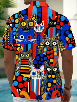 Adaychic Men's Hawaiian Colorful Cat Faces Print Short Sleeve Shirt with Chest Pocket