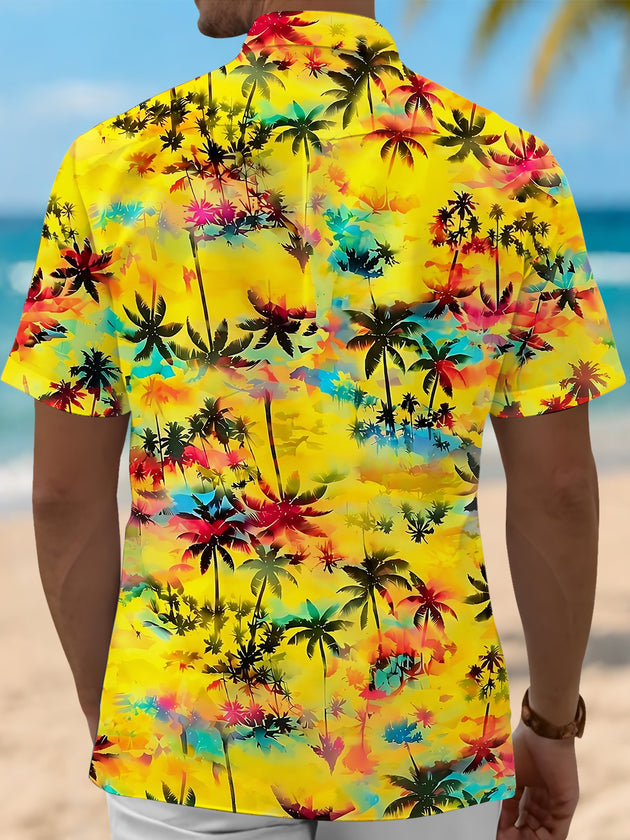 Adaychic Men's Hawaiian Watercolor Palm Trees Print Short Sleeve Shirt with Chest Pocket