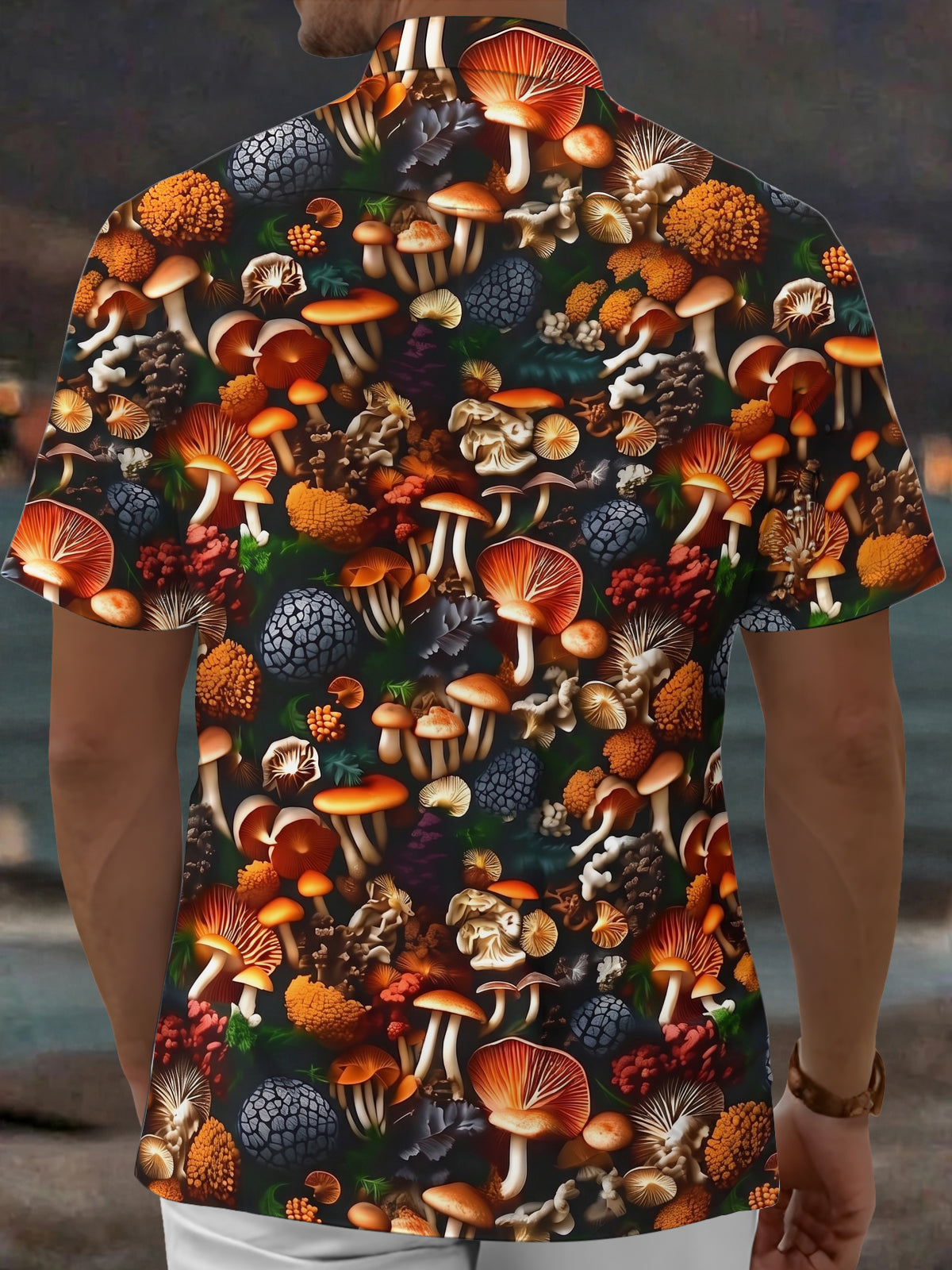 Adaychic Men's Hawaiian Mushroom Forest Print Short Sleeve Shirt with Chest Pocket