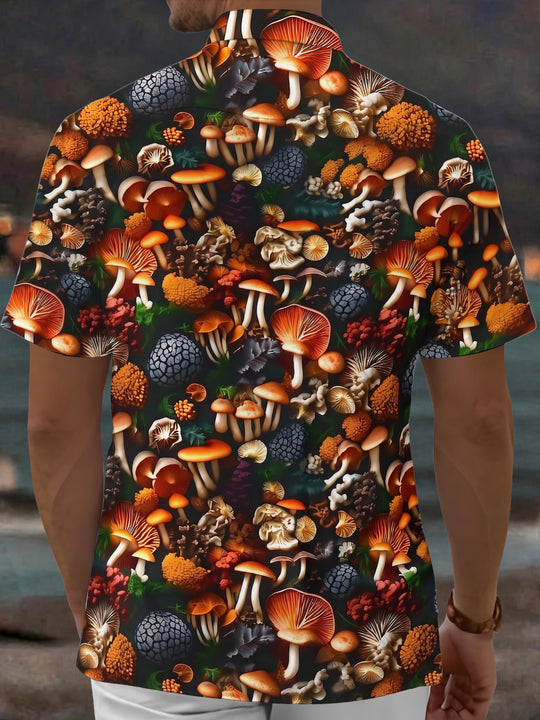 Adaychic Men's Hawaiian Mushroom Forest Print Short Sleeve Shirt with Chest Pocket