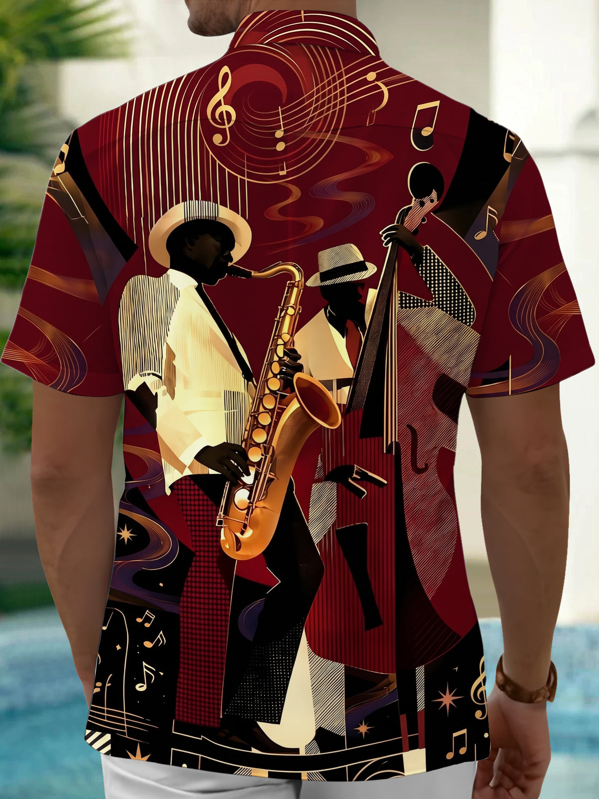 Adaychic Men's Vintage Style Musical Notes Print Short Sleeve Shirt with Chest Pocket