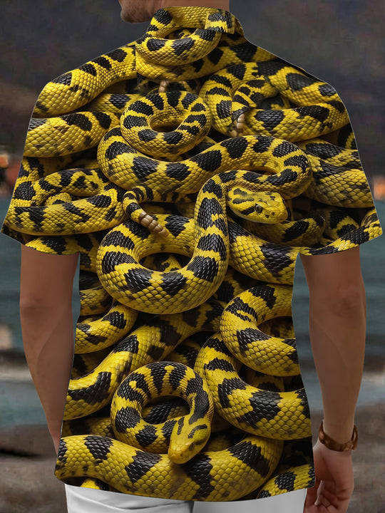 Adaychic Men's Printed Yellow Black Snake Print Short Sleeve Shirt with Chest Pocket