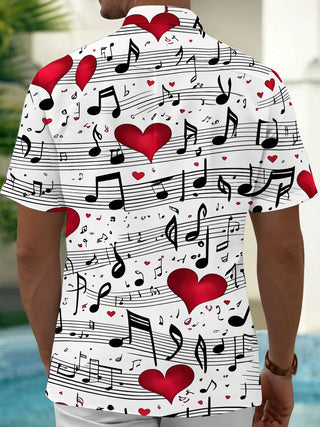 Adaychic Men's Printed Musical Notes Print Red Hearts Print Short Sleeve Shirt with Chest Pocket