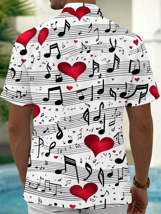 Adaychic Men's Printed Musical Notes Print Red Hearts Print Short Sleeve Shirt with Chest Pocket