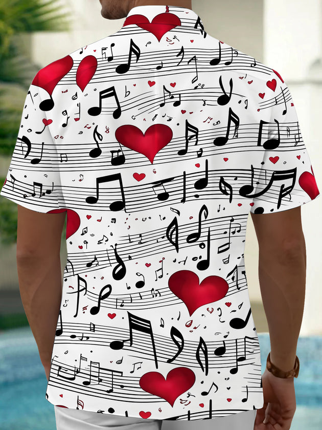 Adaychic Men's Printed Musical Notes Print Red Hearts Print Short Sleeve Shirt with Chest Pocket