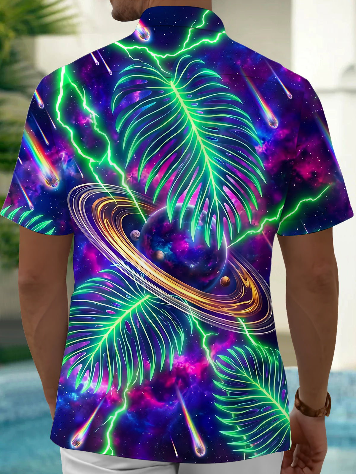 Adaychic Men's Neon Palm Leaves And Galaxy Planet Print Short Sleeve Shirt with Chest Pocket