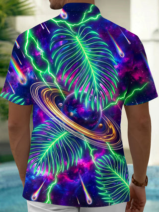 Adaychic Men's Neon Palm Leaves And Galaxy Planet Print Short Sleeve Shirt with Chest Pocket