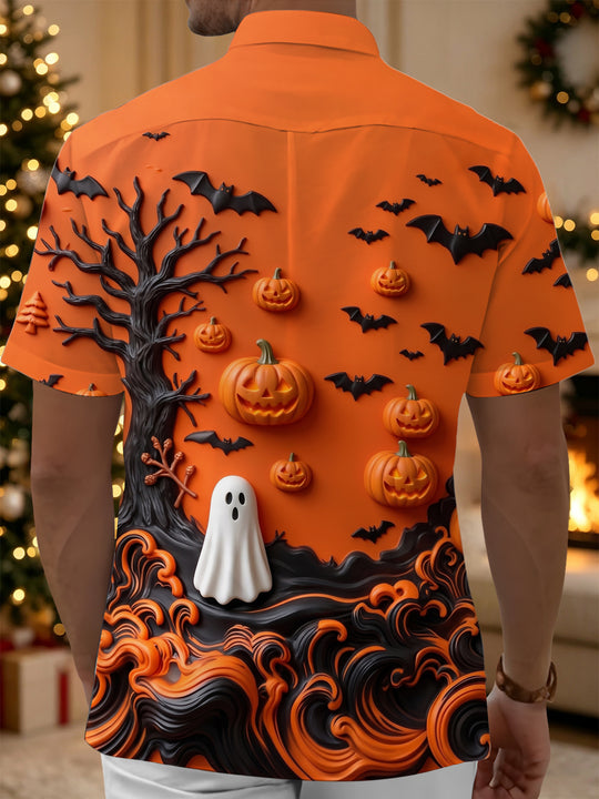 Adaychic Men's Graphic Halloween Pumpkins Print Bats Print Short Sleeve Shirt with Chest Pocket