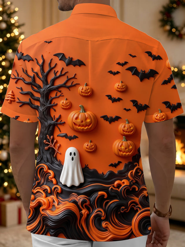 Adaychic Men's Graphic Halloween Pumpkins Print Bats Print Short Sleeve Shirt with Chest Pocket