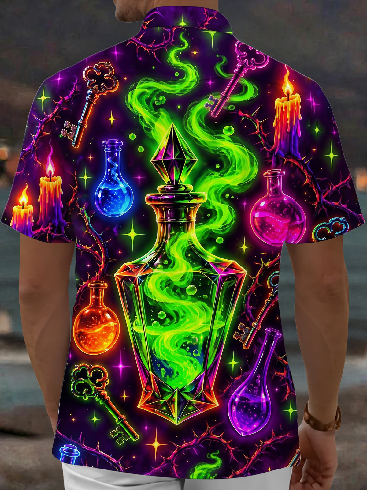 Adaychic Men's Graphic Magic Potion Bottles And Thorns Print Short Sleeve Shirt with Chest Pocket