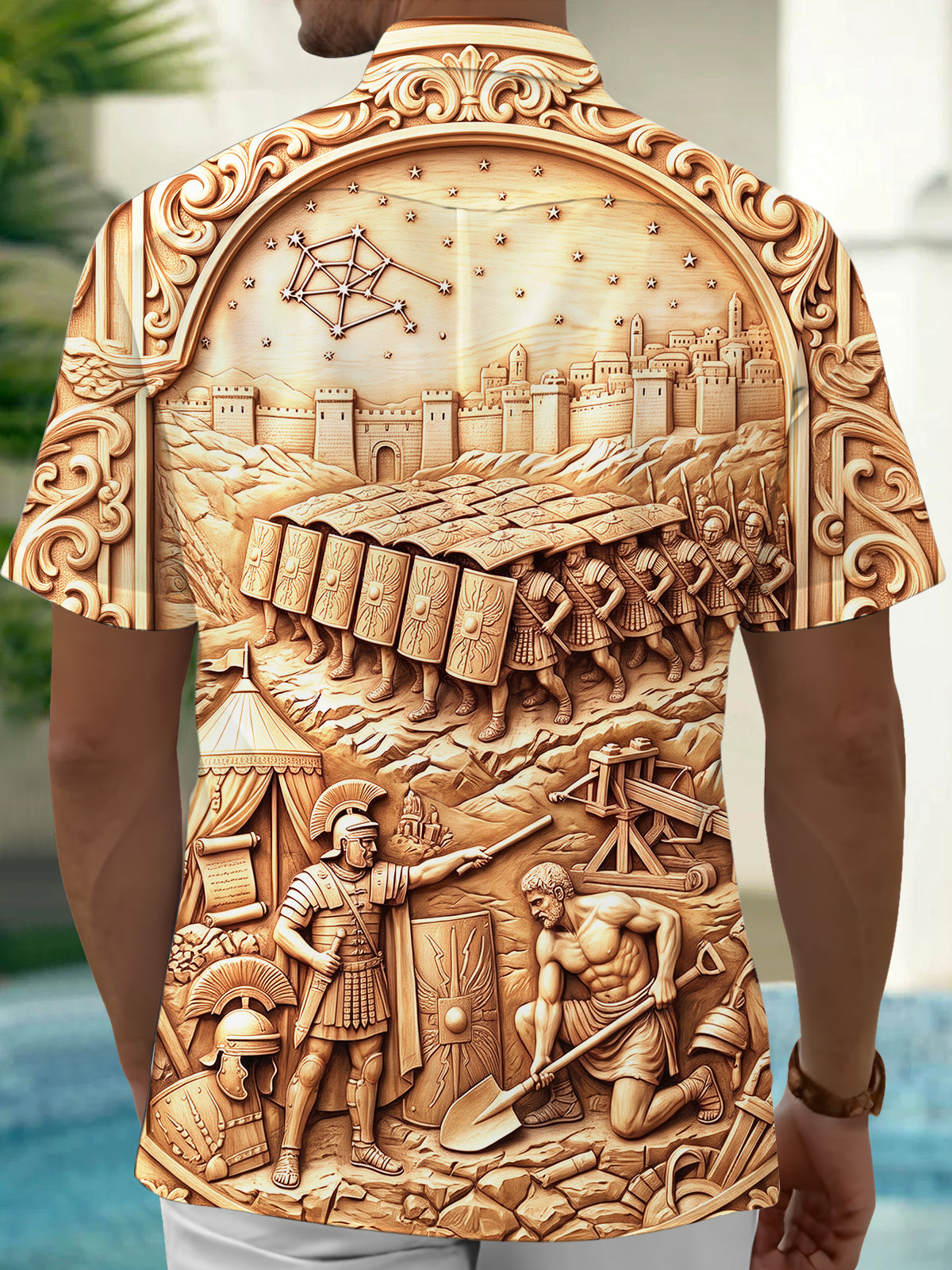 Adaychic Men's Ancient Roman Legion Relief Print Short Sleeve Shirt with Chest Pocket