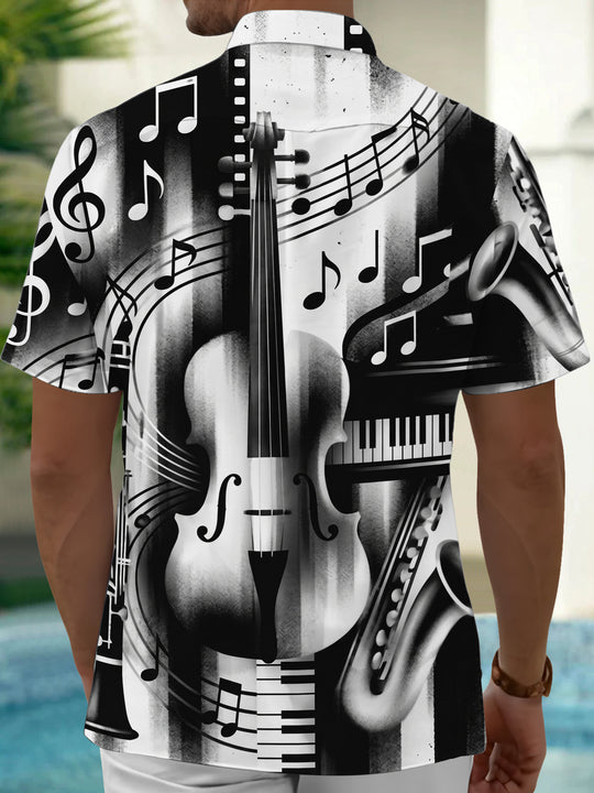 Adaychic Men's Graphic Musical Instruments Print Short Sleeve Shirt with Chest Pocket
