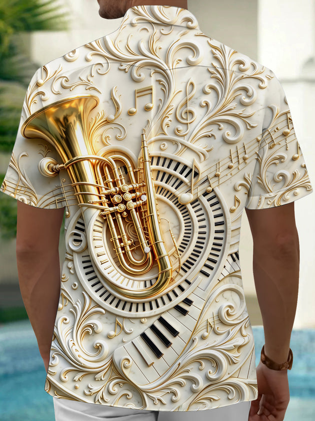 Adaychic Men's Graphic 3D Relief Tuba Print Piano Keys Print Short Sleeve Shirt with Chest Pocket