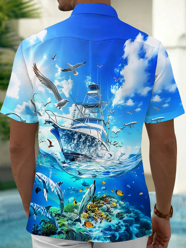 Hawaiian Boat Dolphin Fish Seagull Men's Pocket Short Sleeve Shirts