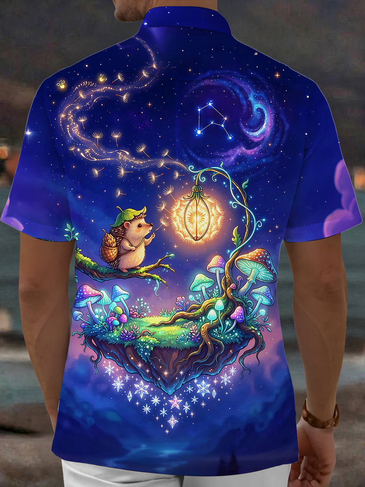Adaychic Men's Short Sleeve Shirt - Hedgehog On Floating Island With Mushrooms Print with Chest Pocket