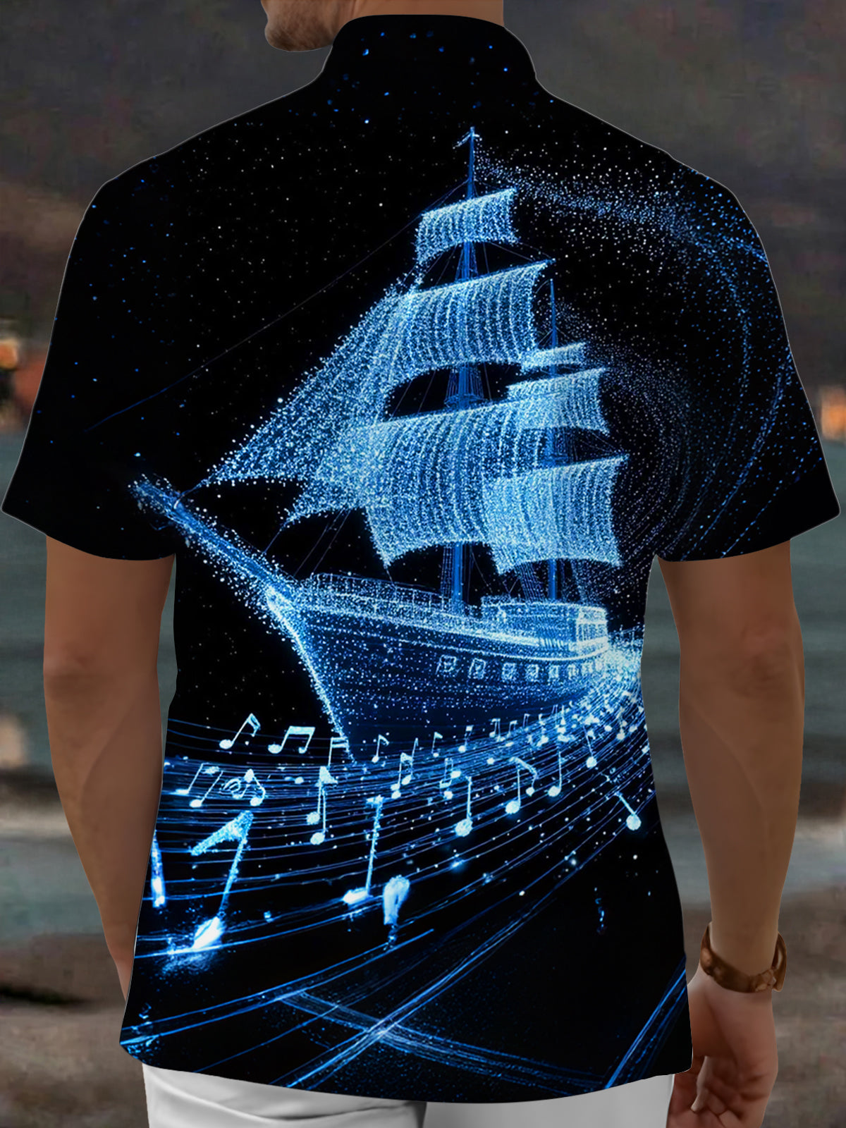 Adaychic Men's Graphic Sailing Ship Print Short Sleeve Shirt with Chest Pocket