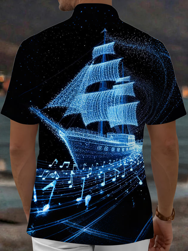 Adaychic Men's Graphic Sailing Ship Print Short Sleeve Shirt with Chest Pocket