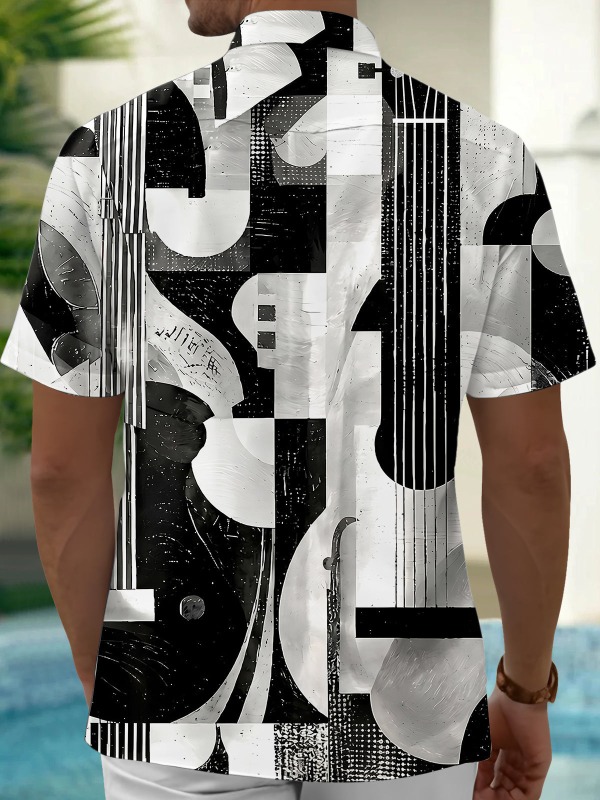Adaychic Men's Graphic Abstract Guitar Print Short Sleeve Shirt with Chest Pocket