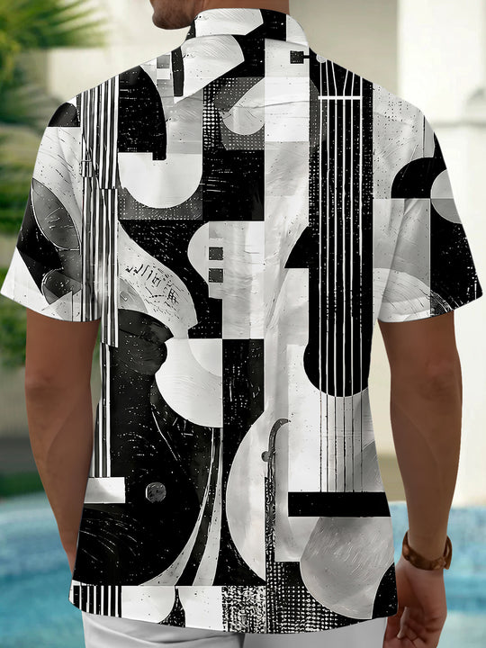 Adaychic Men's Graphic Abstract Guitar Print Short Sleeve Shirt with Chest Pocket