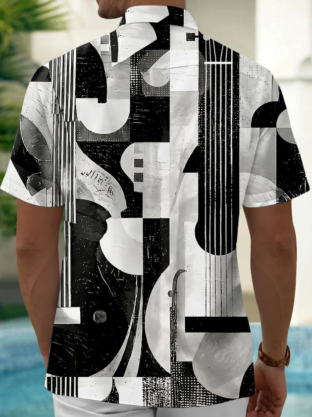 Adaychic Men's Graphic Abstract Guitar Print Short Sleeve Shirt with Chest Pocket