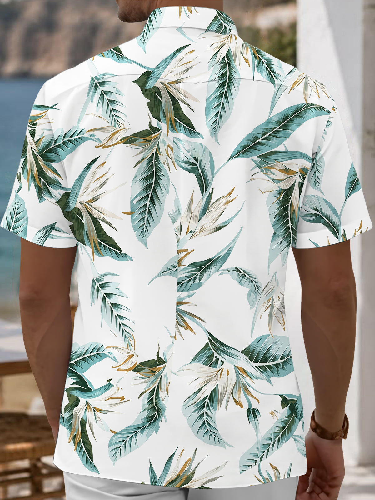 Adaychic Men's Hawaiian Tropical Leaf Print Short Sleeve Shirt with Chest Pocket