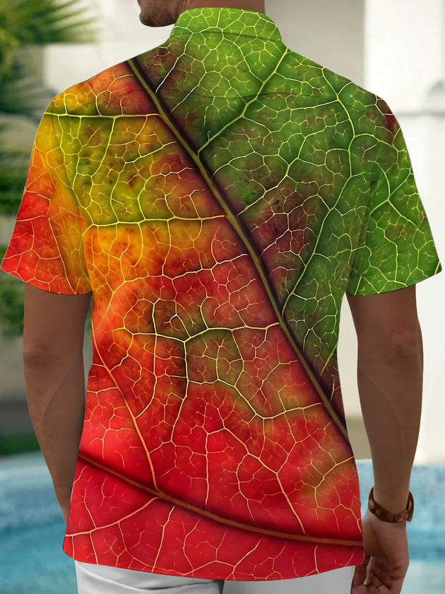 Adaychic Men's Printed Leaf Vein Pattern Gradient Leaf Print Short Sleeve Shirt with Chest Pocket