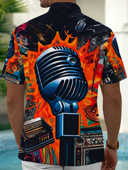 Adaychic Men's Graphic Abstract Fire Background Print Short Sleeve Shirt with Chest Pocket