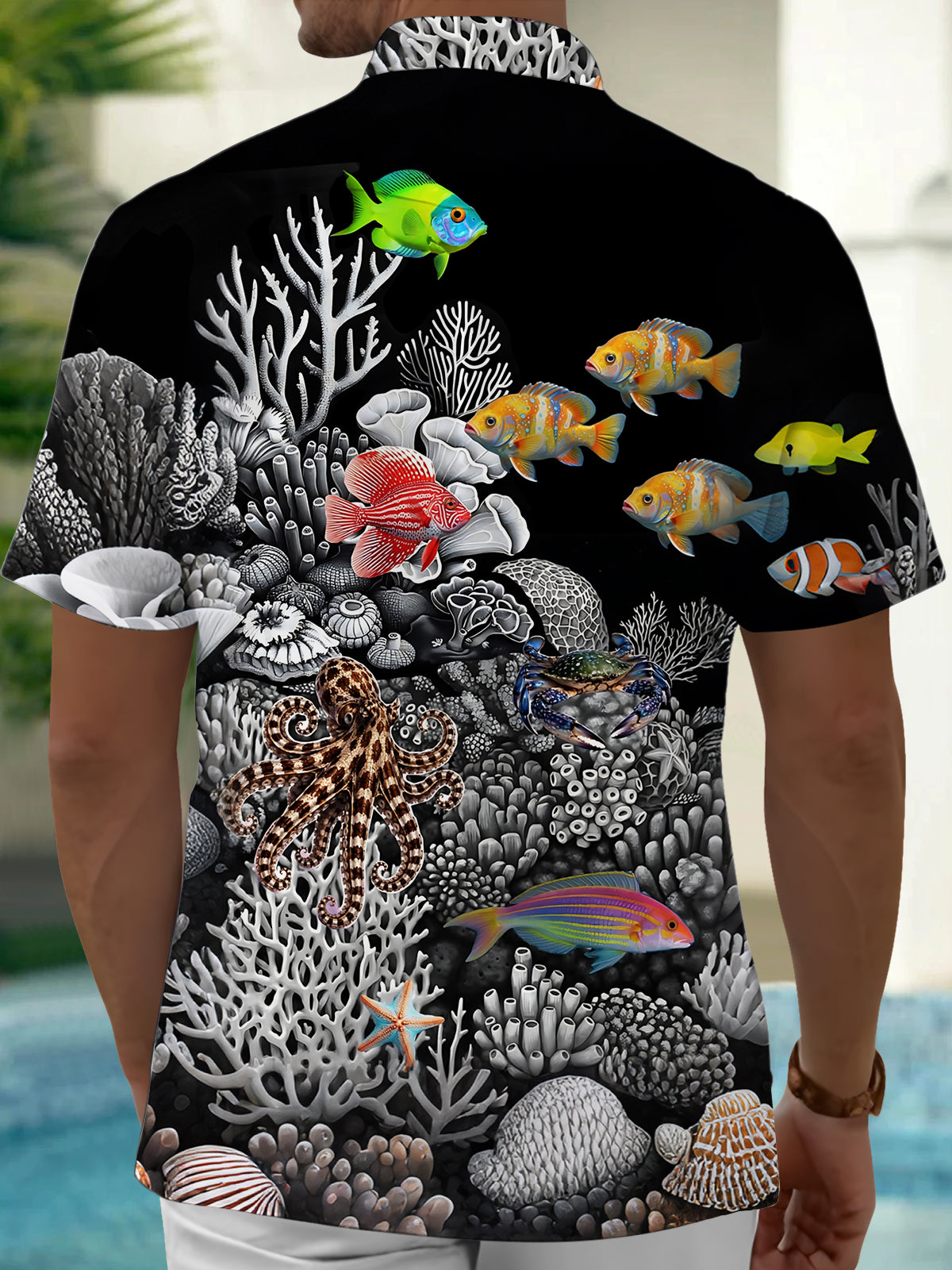 Adaychic Men's 3D Underwater Marine Life Graphic Print Short Sleeve Button Down Shirt with Chest Pocket