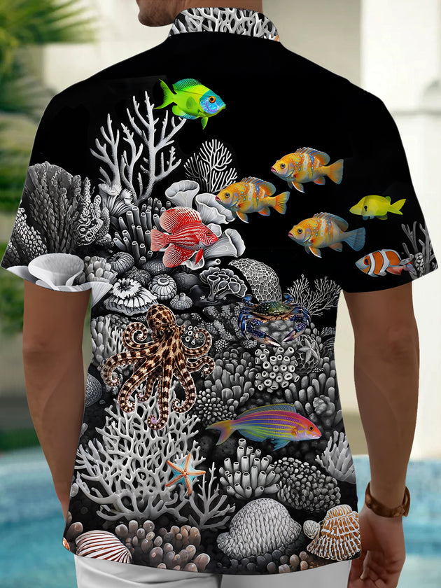 Adaychic Men's 3D Underwater Marine Life Graphic Print Short Sleeve Button Down Shirt with Chest Pocket