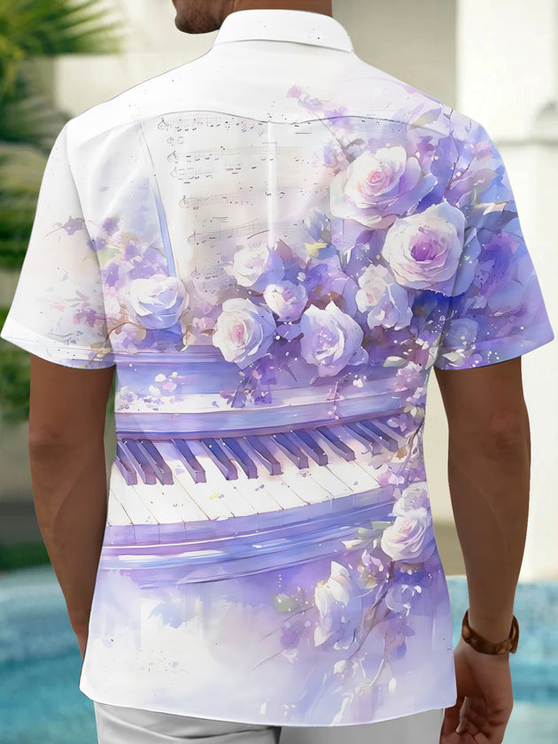 Adaychic Men's Printed Watercolor Roses Print Short Sleeve Shirt with Chest Pocket