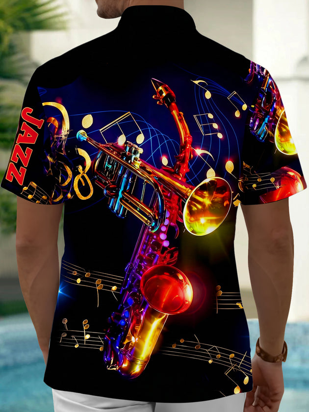 Adaychic Men's Graphic Jazz Musical Instruments Print Short Sleeve Button Down Shirt with Chest Pocket