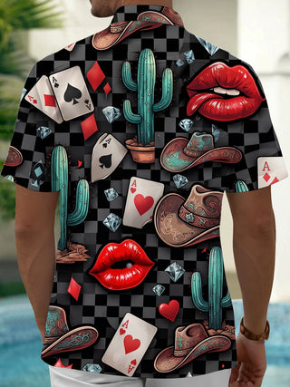 Adaychic Men's Graphic Poker Cards And Red Lips Print Short Sleeve Shirt with Chest Pocket