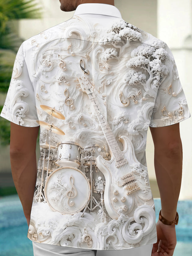 Adaychic Men's Graphic 3D Embossed Musical Instruments Print Short Sleeve Shirt with Chest Pocket