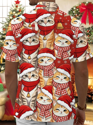 Adaychic Christmas Cat Cartoon Men's Pocket Short Sleeve Shirts