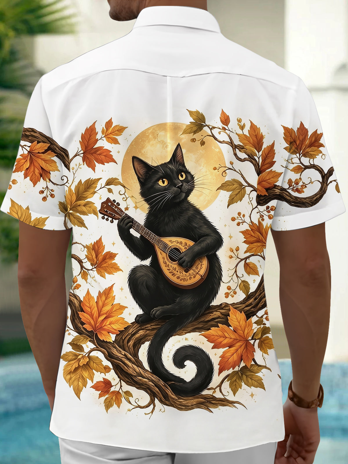 Adaychic Men's Black Cat Playing Mandolin Print Short Sleeve Shirt with Chest Pocket