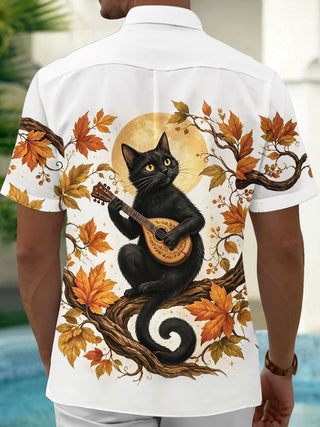 Adaychic Men's Black Cat Playing Mandolin Print Short Sleeve Shirt with Chest Pocket