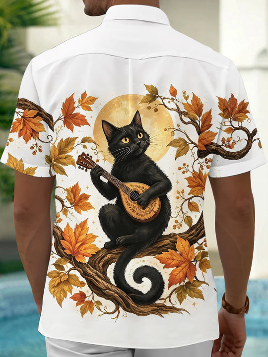 Adaychic Men's Black Cat Playing Mandolin Print Short Sleeve Shirt with Chest Pocket
