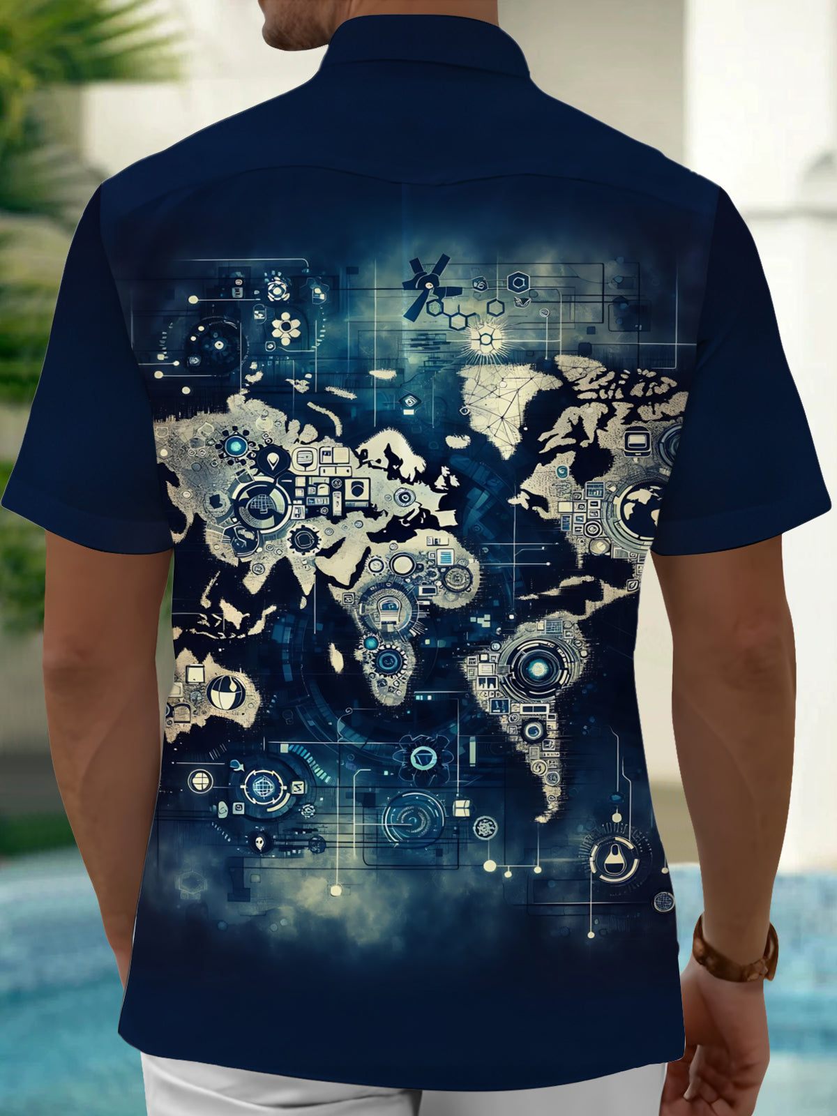 Adaychic Men's Graphic Digital World Map Print Short Sleeve Shirt with Chest Pocket