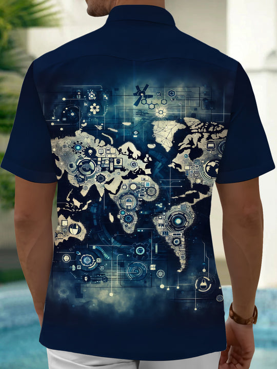 Adaychic Men's Graphic Digital World Map Print Short Sleeve Shirt with Chest Pocket