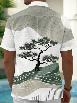 Adaychic Men's Graphic Tree Geometry Print Short Sleeve Shirt with Chest Pocket
